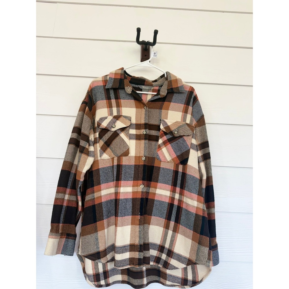 B- 28- Natural Reflections Brown Plaid Flannel Shirt Womens Large 100% Cotton